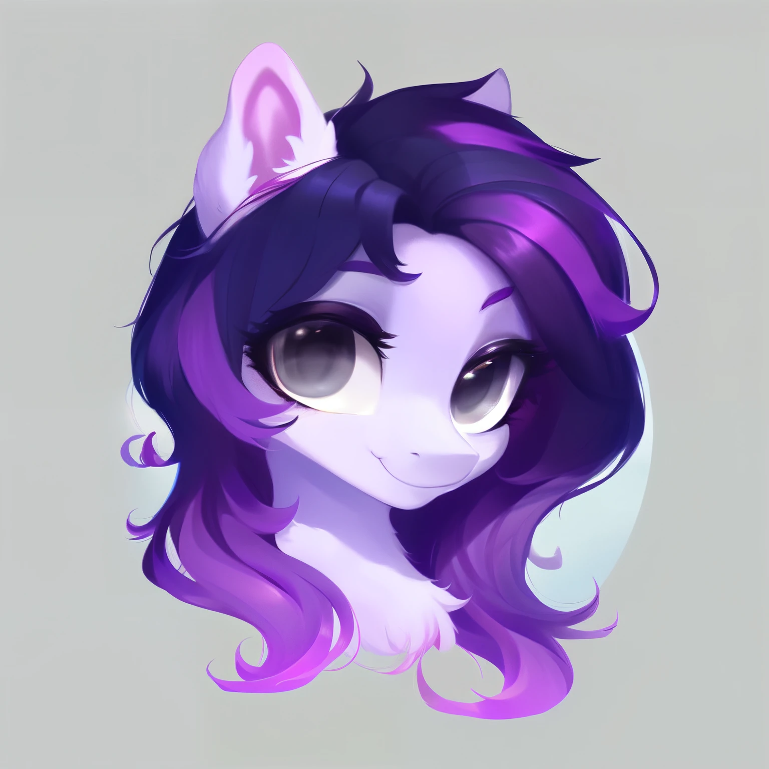 rating_safe, score_9, fluffy, feral pegasus pony, female,Purple body,Black purple mane,Wearing hair,Soft and fine long hair,清澈高傲带有几分温柔的Gray Eyes,Gray Eyes,Smile。bust,Elegant and noble。young,Delicate