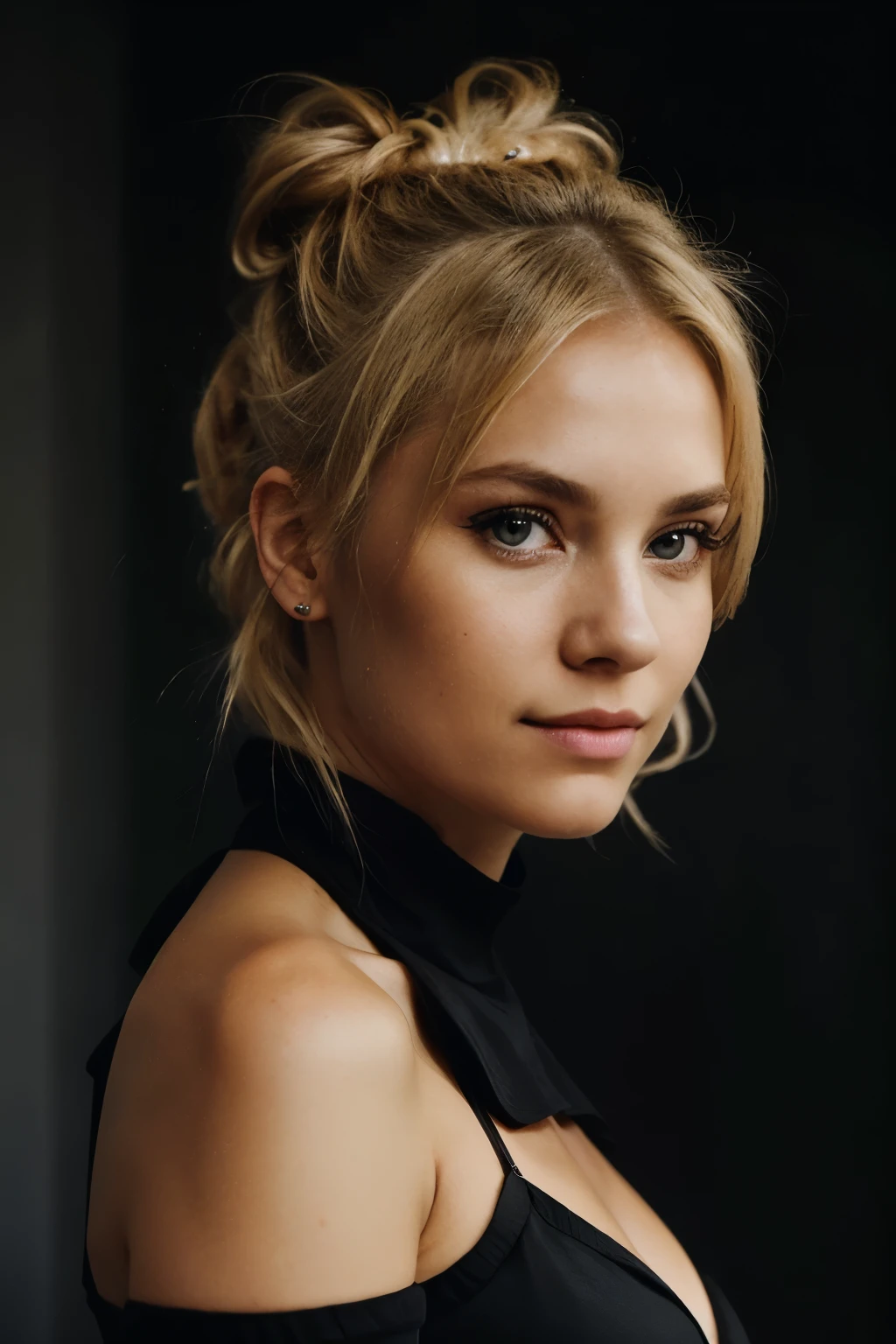 an eye contact of a blond with bun hair and dark theme