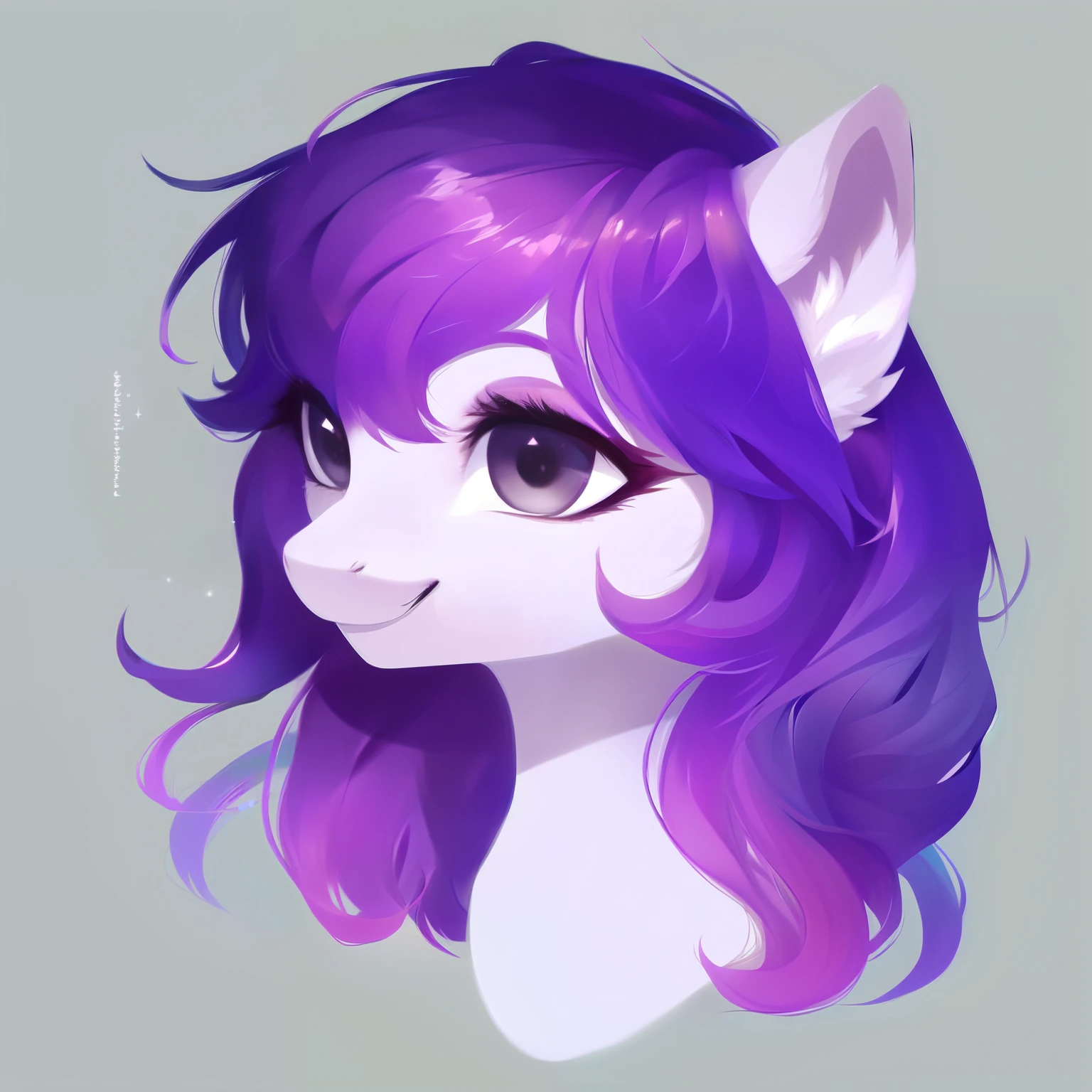 rating_safe, score_9, fluffy, feral pegasus pony, female,Purple body,Black purple mane,Wearing hair,Soft and fine long hair,清澈高傲带有几分温柔的Gray Eyes,Gray Eyes,Smile。bust,Elegant and noble。young,Delicate