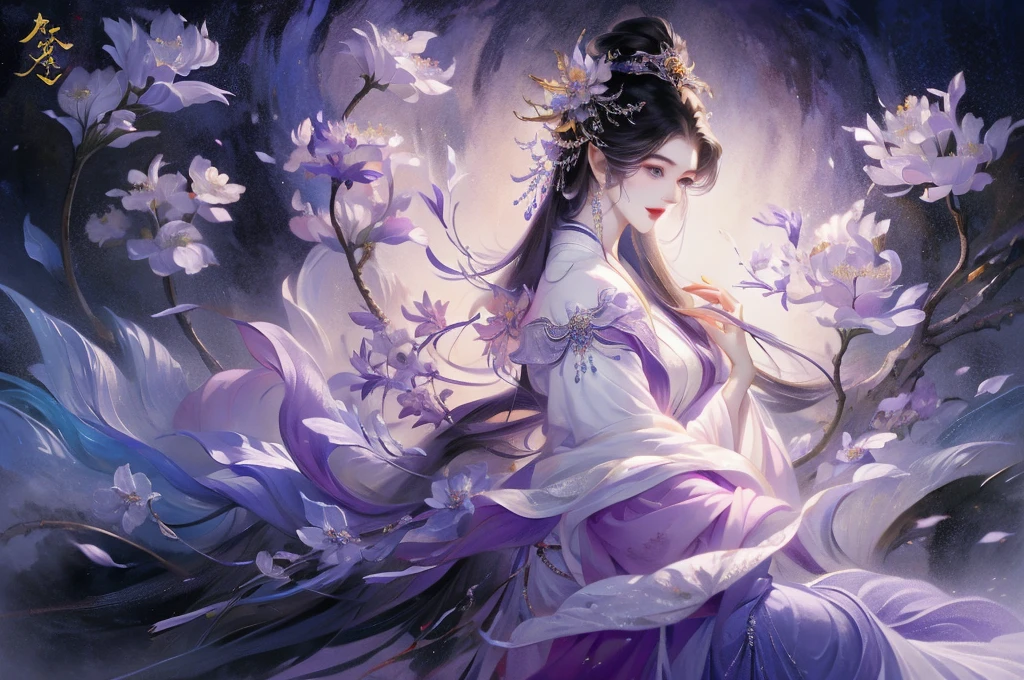 Unparalleled beauty,masterpiece,a woman,Wearing purple and black clothes,Shadowbringer,4K detail fantasy,beautiful fantasy queen,Game CG,xianxia fantasy,xianxia hero,2。5D CGI anime fantasy artwork,Close-up of the goddess,Ruan Jia and artgerm,World of Warcraft 4K detail fantasy,Super detailed fantasy characters
