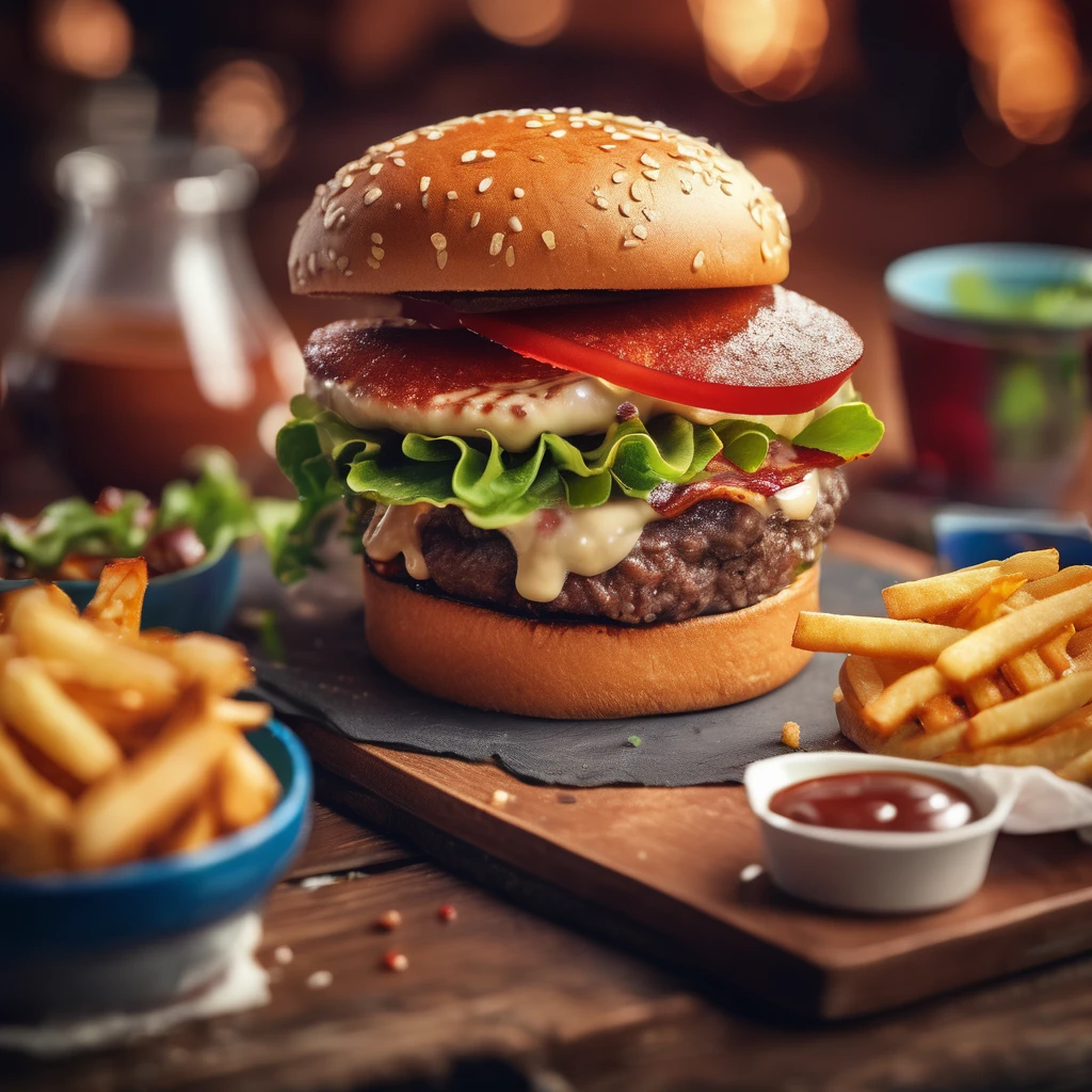 ((Gourmet Burger)), ((Ultra-Realistic Rendering)), ((Juicy pate)), ((Carefully crafted toppings)), ((Sesame bread)), ((Melting cheese)), ((Chris Pletas)), ((Sizzling bacon)), ((Add the sauce)), ((Angled close-up image)), ((Culinary masterpieces)), ((Vibrant colors)), ((Appetizing presentation)), ((Artistic plating)), ((Soft natural light)), ((Bokeh Background)), ((Flavorful atmosphere)), ((Gastronomic Delights)), ((Focus distance 85mm)), ((Sony A7R IV)), ((wide aperture)), ((Definition of 8k)), ((Inspired by food art)), ((Emotionally engaging)), ((Culinary Innovation)) Hamburger set with cola and fries