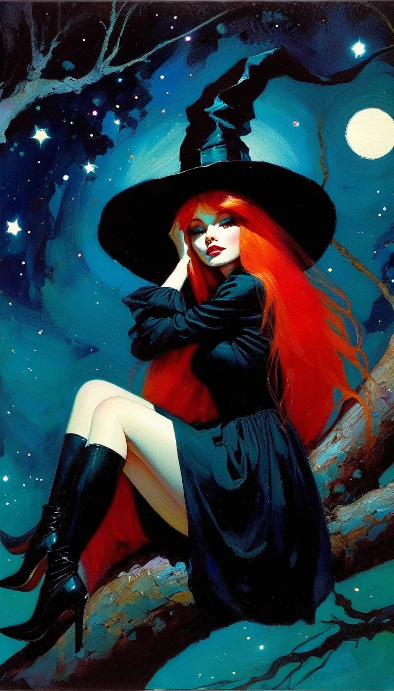 ((🧙♀️)), (black hat), {witch sitting on a high tree branch}, very long red hair, sexy, , ((from below)), magic, fantastic, night sky, moon , stars, background, Alice in Wonderland, alone, very beautiful, cute, adorable, embarrassed, alone, Glowify (simple oil painting in the style of Bill Sienkiewicz)