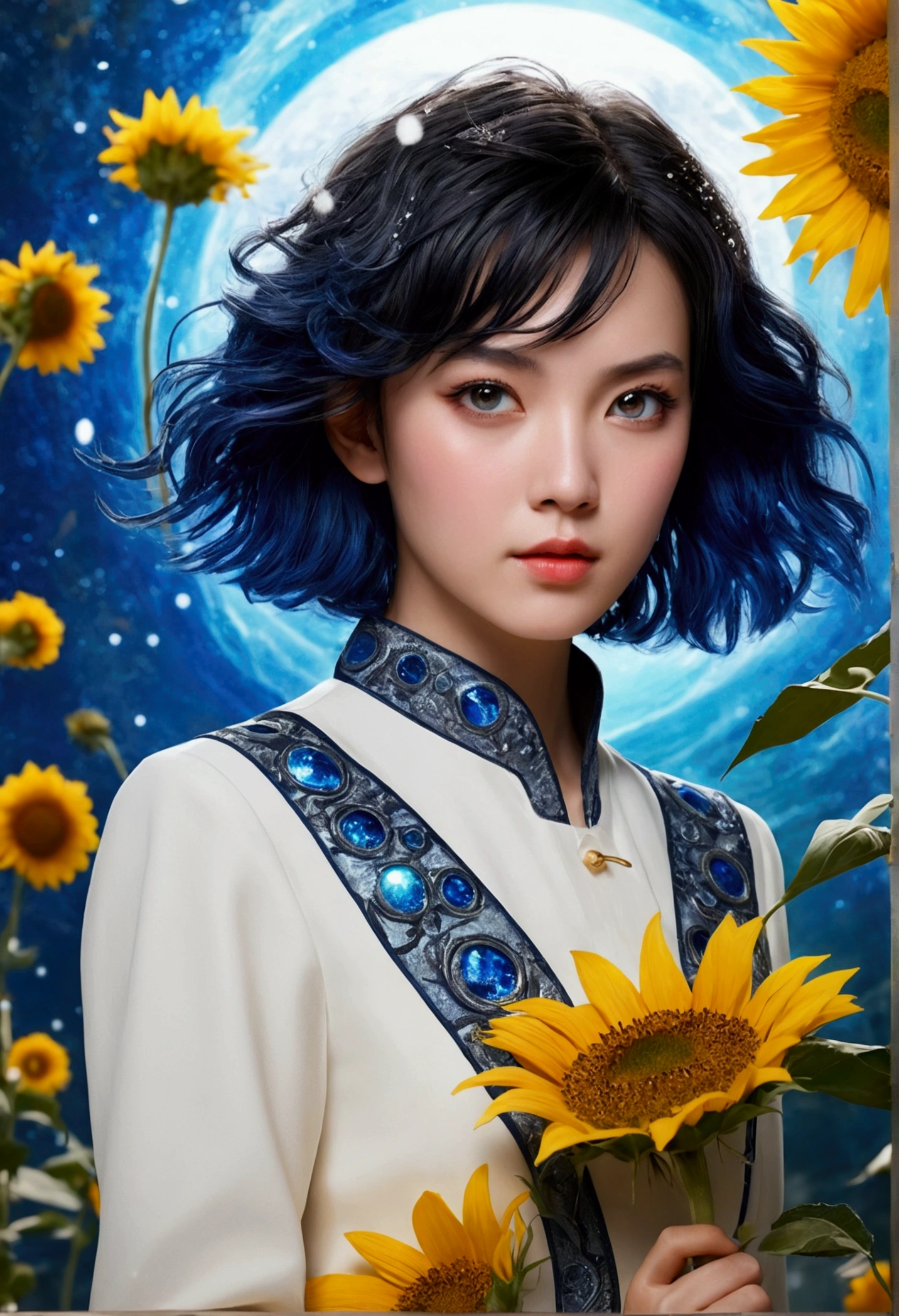 Fictional character composition, Wearing young blue flowers, Surrounded by sunflowers, main character, Open your eyes, His hair was blown by the wind, And the sun heals, Close-up monochrome painting, cute, dream-like, Oil painting style, Acrylic paint,, Japanese, An interesting concept, Funny picture - ar 3:4 - 20 - 5+ Ring World,sf,sfmovie,artillery,Long-range missiles,movie「Foundation」based on ,woman,Adult,main character,28 years old,Hopeful Face,Brown eyes,Short Hairstyles,Black hair mixed with gray,Scientist Uniform,White researcher's coat,Wide grassland,traitor,chaos,Future World,Socialist World,snow,chaos リングワールド,sf,sfmovie,artillery,Long-range missiles,movie「Foundation」based on ,woman,Adult,main character,28 years old,Hopeful Face,Brown eyes,Short Hairstyles,Black hair mixed with gray,Scientist Uniform,White researcher's coat,Wide grassland,traitor,aichaos,Future World,Socialist World,snow,chaos (Very detailed CG unity 24k wallpaper),(masterpiece), (Highest quality), (Very detailed), (Best illustrations),(Best Shadow), Cowboy Shot, ,BREAK, Spas swimwear, (highest quality), (Super detailed),(Messy Hair),(figure), (One boy,One girl), avatar, Macro Lens, (Fashionable clothes), Are standing,Fashion Model, View your viewers, ( interview), (Simple Background), Beautiful attention to detail, Exquisite beauty, floating, (High saturation), (Colorful splashes), Colorful Bubbles, (The Shining), Focus on the face,quality , Super detailed, Watch your hands )Zodiac sign - Goddess of Sagittarius , Similar to the goodness of Latin . Optimistic, fair, Funny and intelligent face . recklessness, Ruthless, impatient, Overconfident style . Dark blue eyes (Eye details) , Sparkling deep blue hair , Transparent dress , In the sea of shining stars , whole body , Nature of fire , God Clone(masterpiece, Highest quality, Highest quality,Official Art, beautifully、Super Gold Hairstyle、aesthetic:1.2),(One girl:1.3), One girl BREAK stained glass art, Colored Glass, Lead wire, Light transmission BREAK Vivid colors, Intricate Design, Glowing effect, Spiritual atmosphere、Background abstract korea strip dancer,vagina mouse big pussy