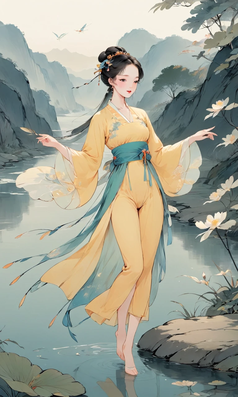 8K, masterpiece, best quality, 2D, (Traditional Chinese ink painting:0.2), (Perfect hands:1.4), Long legs，Dancing in Hanfu，The 长袜 on the legs are exposed，River in the background，koyama，dragonfly