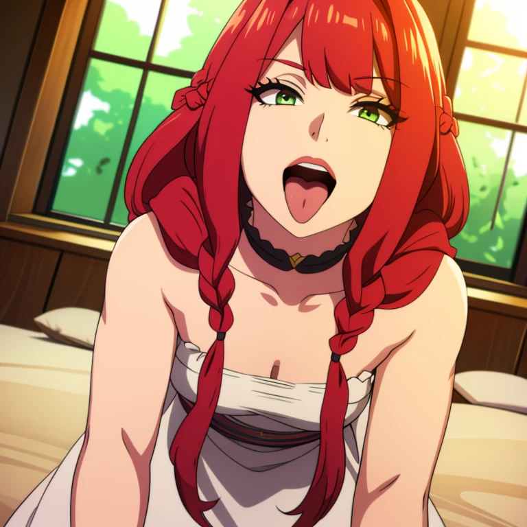 Pov open mouth and tongue out, ultra resolution , perfect, very detailed, work of art, 4k hd, long braid hair, red hair, long bangs, red eyeshadow, green eyes, red lips, light smile, happy face, looking at viewer, gown, long gown, white gown, bed, 