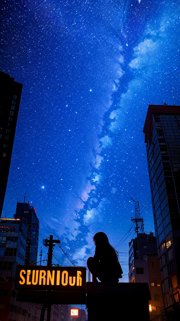 null, star, landscape, starry null, night, girl, night null, alone, Outdoor, sign, building, cloud, milky way, Sitting, Long Hair, city, silhouette, cityscape