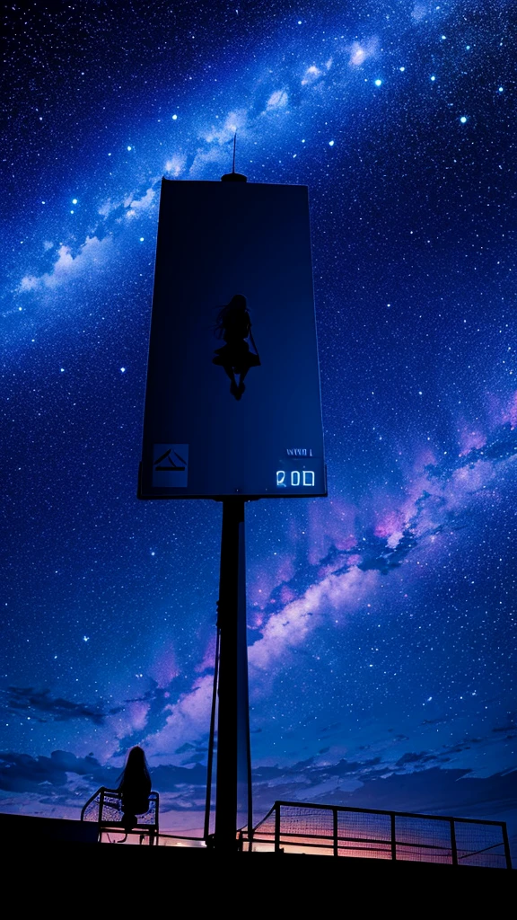 null, star, landscape, starry null, night, girl, night null, alone, Outdoor, sign, building, cloud, milky way, Sitting, Long Hair, city, silhouette, cityscape