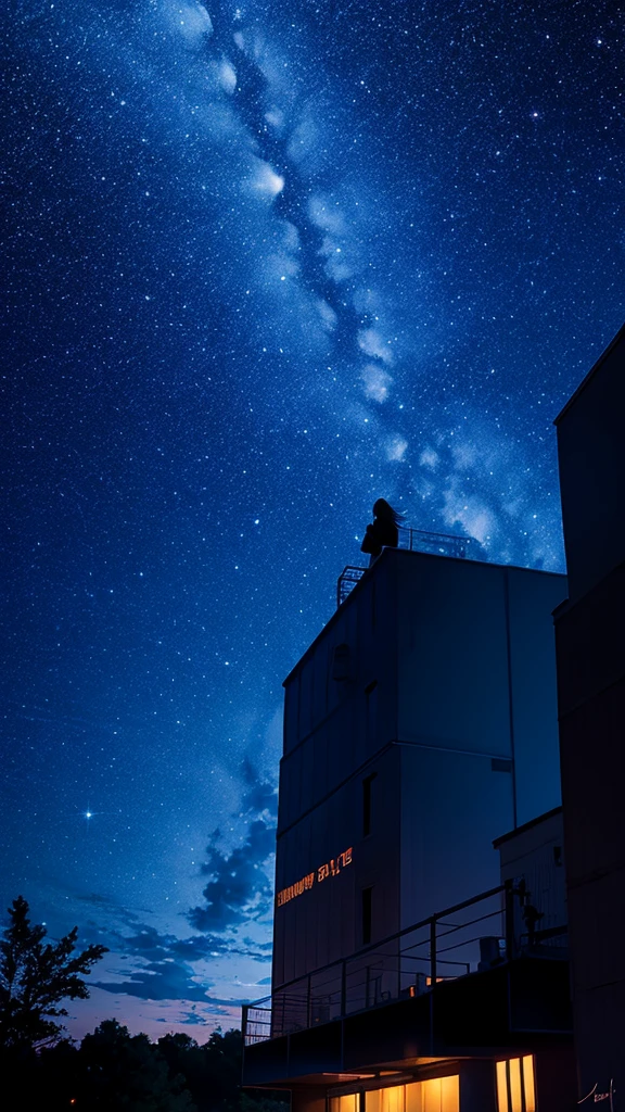 null, star, landscape, starry null, night, girl, night null, alone, Outdoor, sign, building, cloud, milky way, Sitting, Long Hair, city, silhouette, cityscape