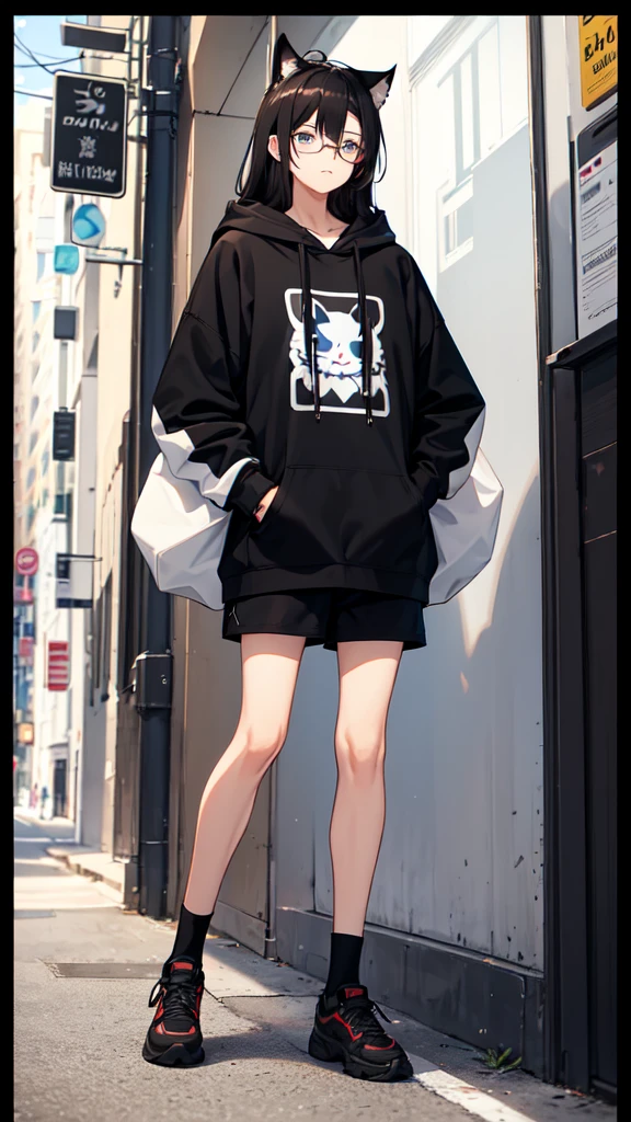 19 years old male, White Asian, Wavy chestnut black hair with subtle highlights, Oversized black hooded jumper with cat graphic, Wearing black corduroy shorts, Oversized black round framed glasses, Slanted blue eyes.