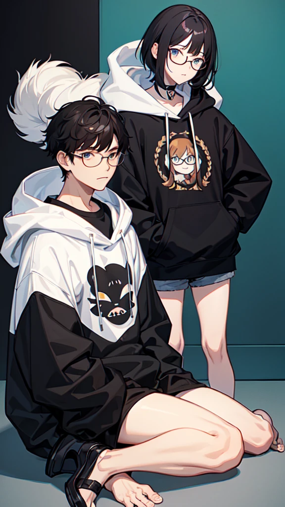 19 years old male, White Asian, Wavy chestnut black hair with subtle highlights, Oversized black hooded jumper with cat graphic, Wearing black corduroy shorts, Oversized black round framed glasses, Slanted blue eyes.