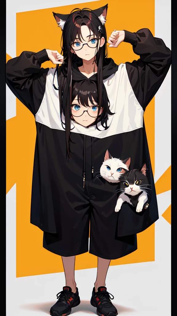 19 years old male, White Asian, Wavy chestnut black hair with subtle highlights, Oversized black hooded jumper with cat graphic, Wearing black corduroy shorts, Oversized black round framed glasses, Slanted blue eyes.