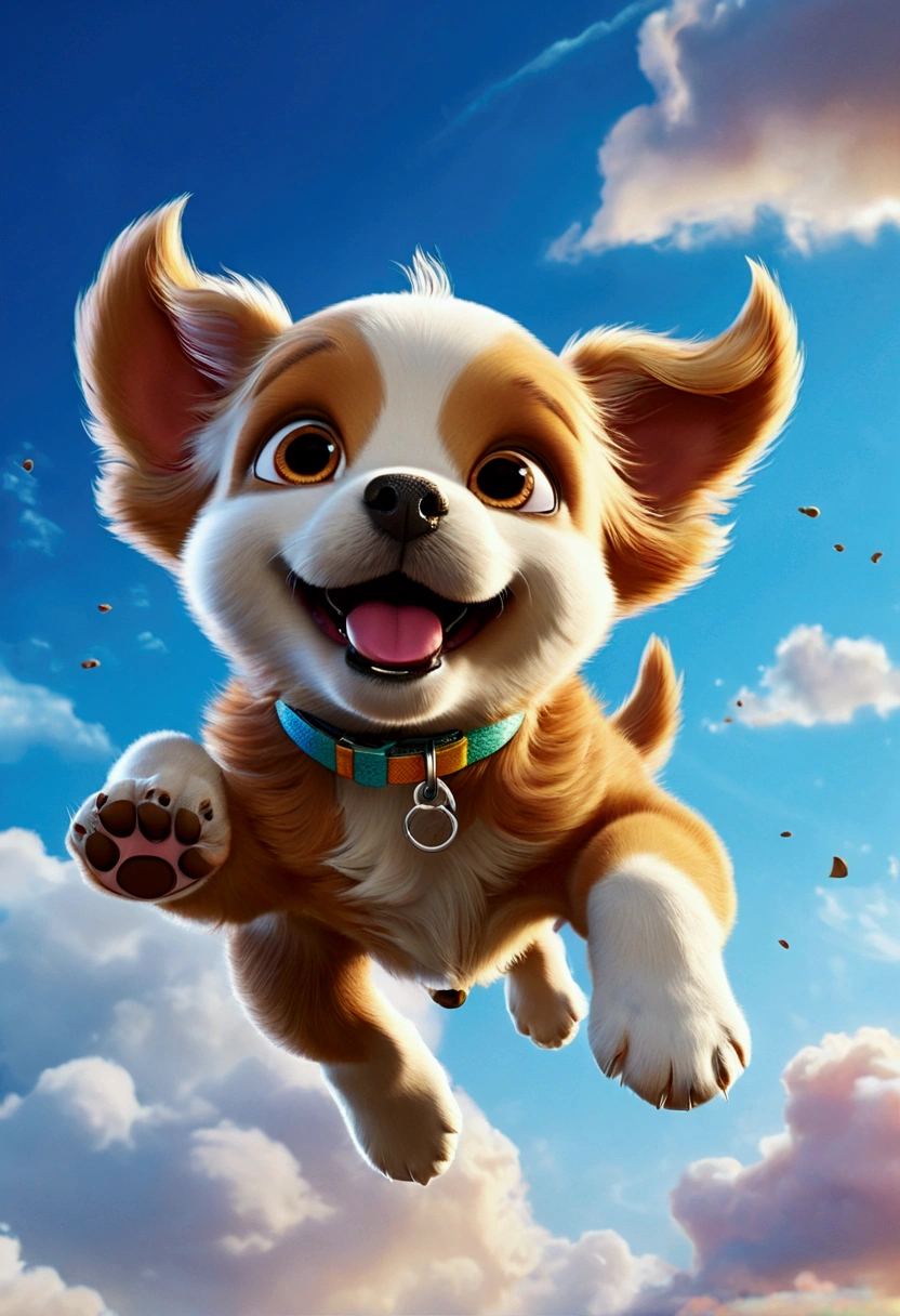 (Flying Puppy), sky, in the style of playful cartoon illustration, realistic and hyper-detailed rendering, interactive media, realistic, detailed rendering, joyful chaos, full body, award-winning, cinematic still, emotional, vignette, dynamic, vivid, (masterpiece, best quality, Professional, perfect composition, very aesthetic, absurdres, ultra-detailed, intricate details:1.3)