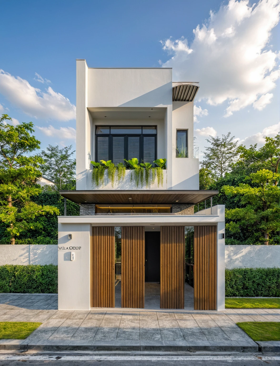 Masterpiece, high quality, best quality, authentic, super detail, outdoors, onestoreyvillaXL, aiaigroup, house style modern on the street ,stairs, white wall ,road,pavement, grass, trees, sky, cloud, (daylight:1.1),((pool front of villa))