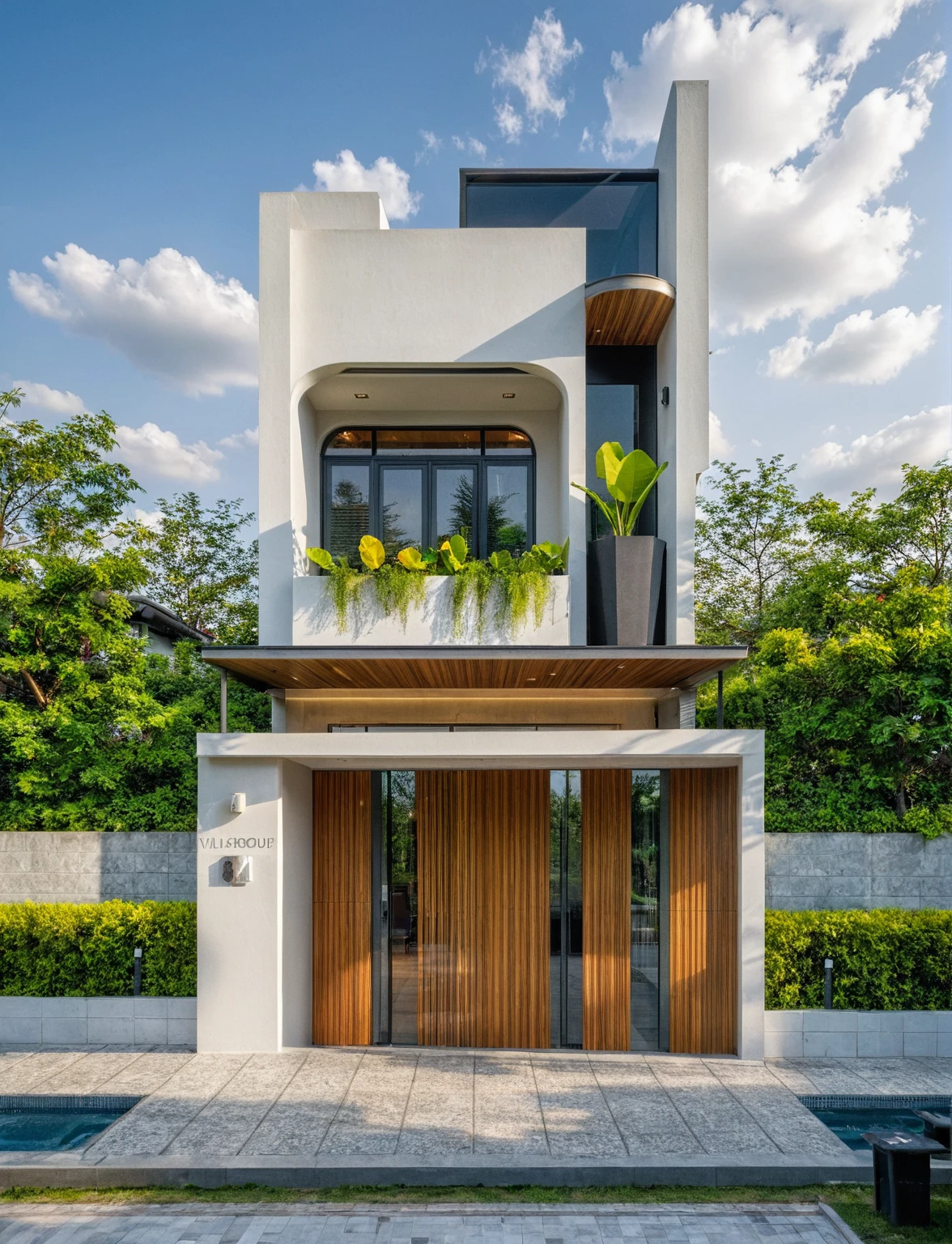 Masterpiece, high quality, best quality, authentic, super detail, outdoors, onestoreyvillaXL, aiaigroup, house style modern on the street ,stairs, white wall ,road,pavement, grass, trees, sky, cloud, (daylight:1.1),((pool front of villa))
