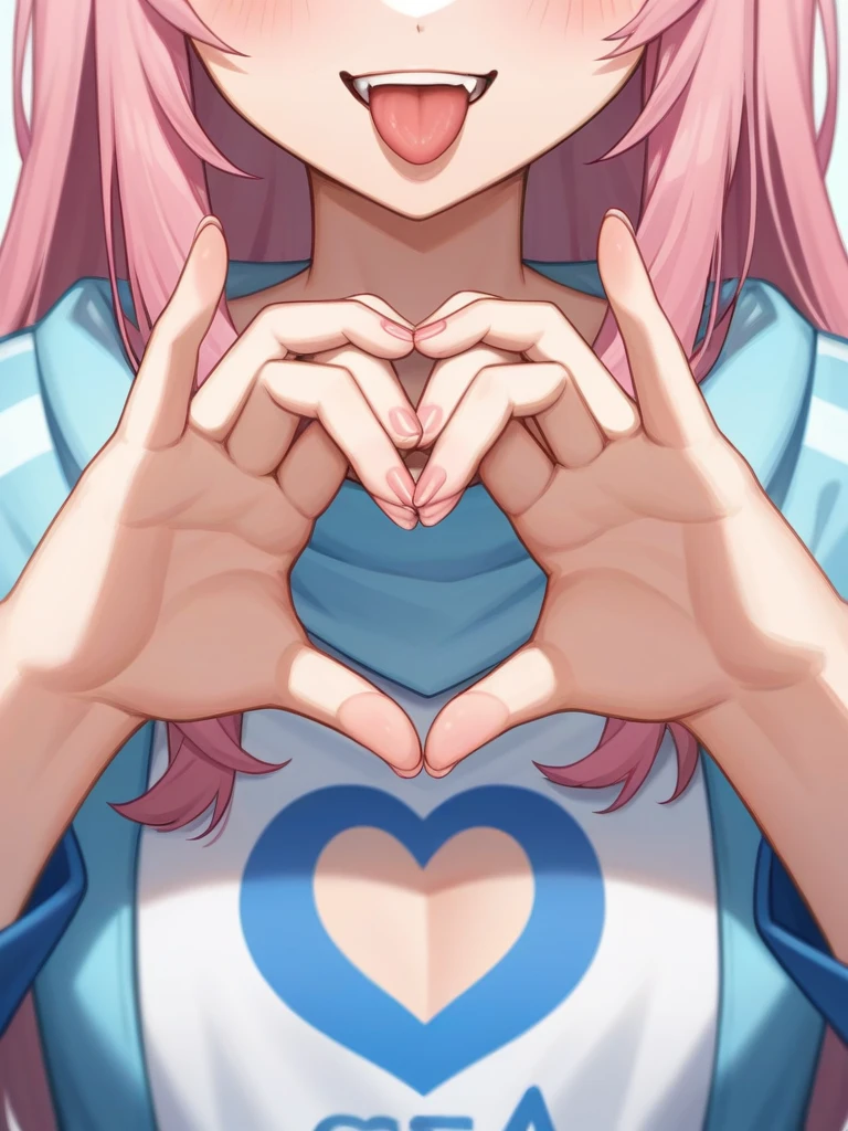 Adult, Female, long pink hair, winking, smiling, heart symbol hands tongue out, vtuber, otaku bedroom, Masterpiece, Accurate, Anatomically Correct, Best Quality, High Details, Detail, Super Detailed, Best detail, Perfect detail, Amazing detail, [-3, 3], perfect hands, best hands, best fingers, perfect fingers, perfect body, best body, amazing body, Looking at viewer, front facing, upper body shot, Cat Ears, Close-Up, 