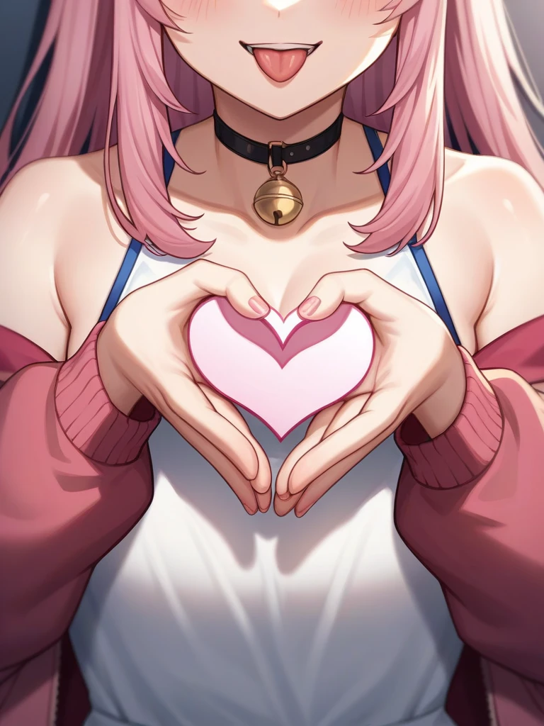 Adult, Female, long pink hair, winking, smiling, heart symbol hands tongue out, vtuber, otaku bedroom, Masterpiece, Accurate, Anatomically Correct, Best Quality, High Details, Detail, Super Detailed, Best detail, Perfect detail, Amazing detail, [-3, 3], perfect hands, best hands, best fingers, perfect fingers, perfect body, best body, amazing body, Looking at viewer, front facing, upper body shot, Cat Ears, Close-Up, 