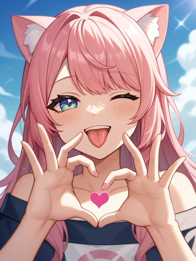 Adult, Female, long pink hair, winking, smiling, heart symbol hands tongue out, vtuber, otaku bedroom, Masterpiece, Accurate, Anatomically Correct, Best Quality, High Details, Detail, Super Detailed, Best detail, Perfect detail, Amazing detail, [-3, 3], perfect hands, best hands, best fingers, perfect fingers, perfect body, best body, amazing body, Looking at viewer, front facing, upper body shot, Cat Ears, Close-Up, 