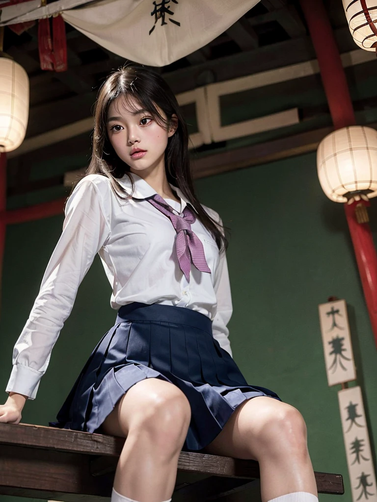 RAW photo, extremely delicate and beautiful, masterpiece, Best Quality, ultra high resolution, 32k, hyperrealistic, ultra-detailed, perfect anatomy, anatomically correct, perfect figure, super Detailed skin,
(Japanese idle:1.6), (school uniform:1.3), (sitting in bridge, (From below:1.4), Blushed face,