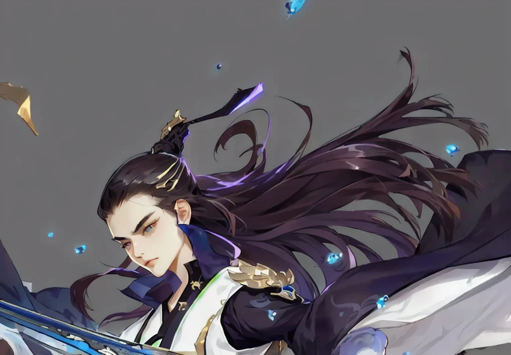 anime girl holding a sword on a blue background, heise jinyao, 《Genshin Impact》Keqing, zhao yun, 《Genshin Impact》Zhongli, Genshin Impact角色, Inspired by Huang Shen, inspired by Guan Daosheng, Onmyoji Portrait, The handsome guy in Demon Slayer, xianxia hero