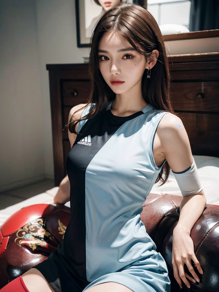 (full body shot:1.2), (whole legs:1.2), absurdres, RAW photo, extremely delicate and beautiful, masterpiece, Best Quality, ultra high resolution, 32k, hyperrealistic, ultra-detailed, perfect anatomy, anatomically correct, perfect figure, Perfect Style, Perfect balance, super Detailed skin, in her 30s, very Slim body, narrow waist, very small head, very small face, delicate facial features, handsome detailed woman, very detailed eyes and face, realistic face proportions, Realistic beautiful face, Realistic beautiful eyes, tearful mole, earring, very huge round tits, medium hair, dark blonde hair, asymmetrical hair, indoor, (soccer Jersey:1.2), (sleeveless:1.2),