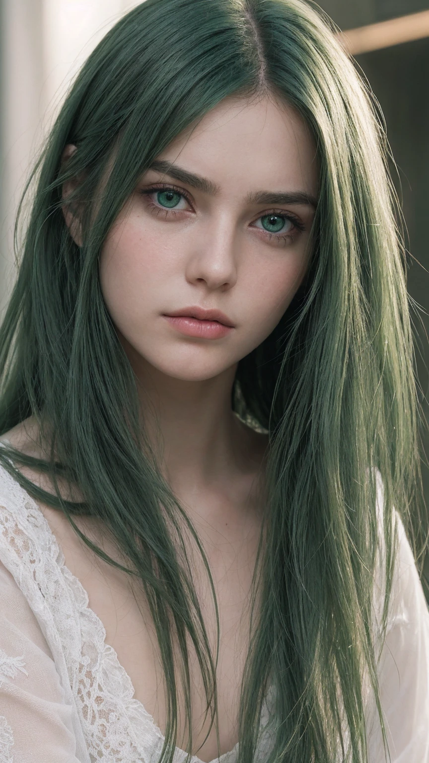 a girl. Europe. detailed face. delicate facial features. long face. pointed chin. Oval face. expression of sadness and disappointment. green hair. green eyes. long straight hairstyle. messy hair. thin lips. look directly
