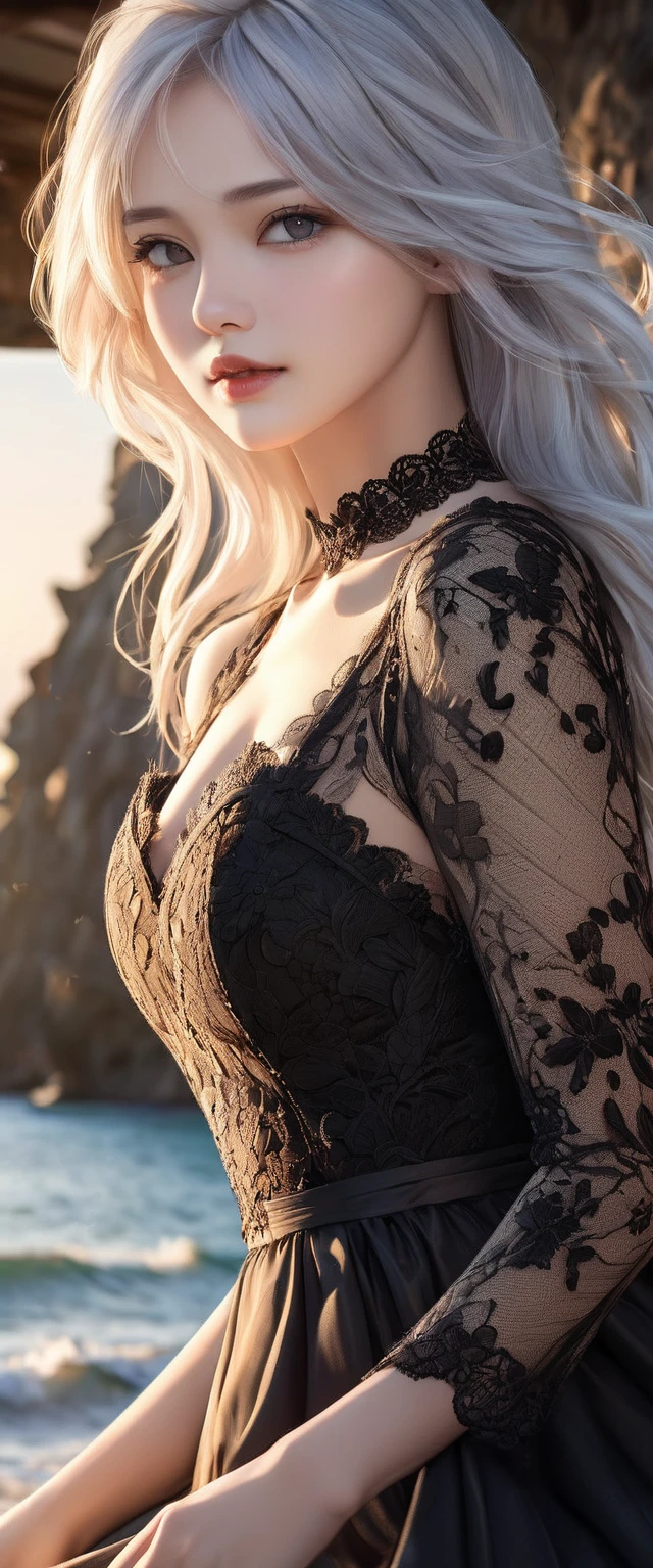 digital portrait, realistic depiction of the human body, RAW photo, one girl, gentle gray eyes, plump lips, An ennui look, huge firm bouncing busts, long white hair, (((Elegant black lace-like line dress, Dense and artistic lace black line dress, beautiful dress, super luxury dress)))、highest quality, super resolution, master piece:1.5, medium depth of field, 50mmlens, cinematic lighting, Backlight, professional photographer, sea side, evening