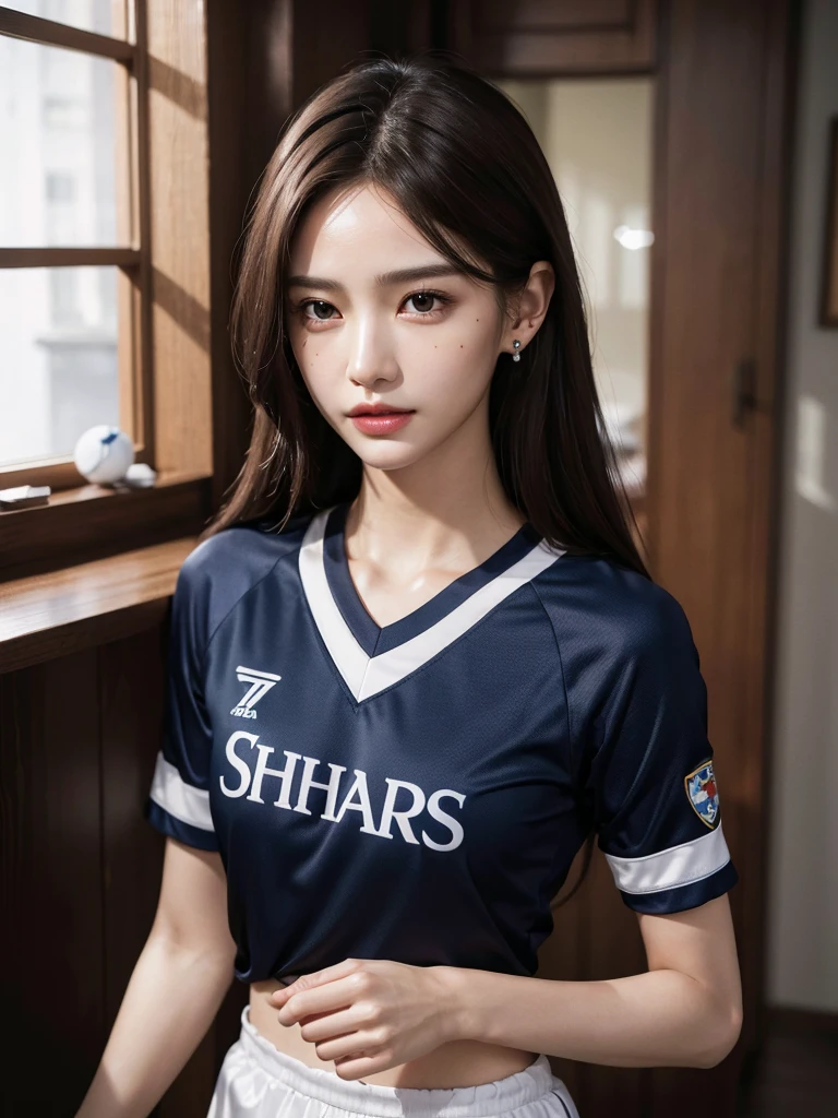 (full body shot:1.2), absurdres, RAW photo, extremely delicate and beautiful, masterpiece, Best Quality, ultra high resolution, 32k, hyperrealistic, ultra-detailed, perfect , anatomically correct, perfect figure, Perfect Style, Perfect balance, super Detailed skin, in her 30s, very Slim body, narrow waist, very small head, very small face, delicate facial features, handsome detailed woman, very detailed eyes and face, realistic face proportions, Realistic beautiful face, Realistic beautiful eyes, tearful mole, earring, very huge round , medium hair, dark blonde hair, asymmetrical hair, indoor, (soccer Jersey:1.2),