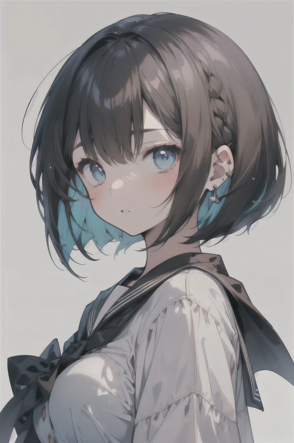 (best quality), (Super detailed), (Best Illustration), (masterpiece), (1woman), (white serafuku), (large breasts), {brown hair, (sideburns), (bob cut:1.3), curly hair, hairs between eyes, colored inner hair}, blue eyes, parted lips, expressionless, blush, earring,