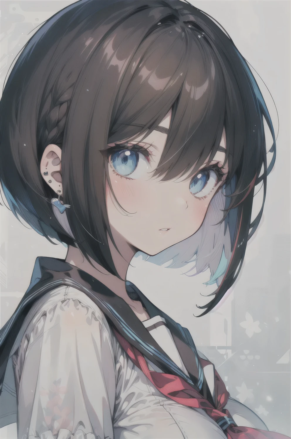 (best quality), (Super detailed), (Best Illustration), (masterpiece), (1woman), (white serafuku), (large breasts), {brown hair, (sideburns), (bob cut:1.3), curly hair, hairs between eyes, colored inner hair}, blue eyes, parted lips, expressionless, blush, earring,