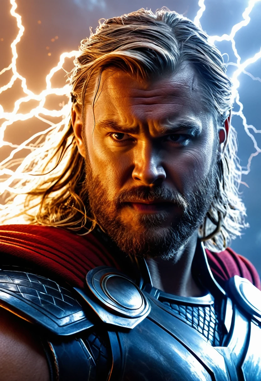 Marvel - Thor, close-up photo, brilliant lightning background, great battle to save the world, masterpiece, 8K, realitic