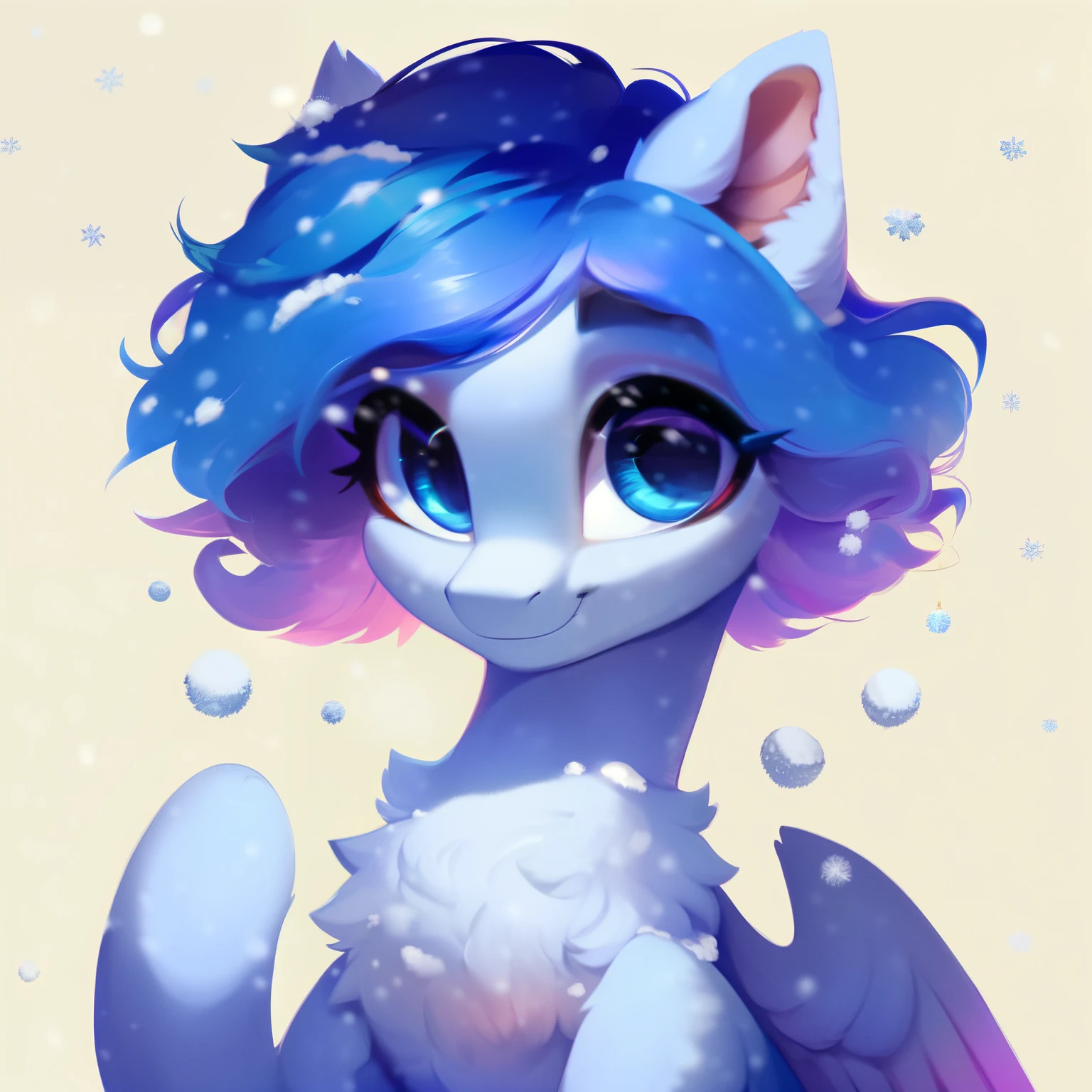 rating_safe, score_9, fluffy, feral pegasus pony,Bad,round cute face,very (((light blue body))), (((snow-white short mane))) Smooth and fine semi-long bristles,Gentle and clear light blue eyes,Gentle smile。whole body