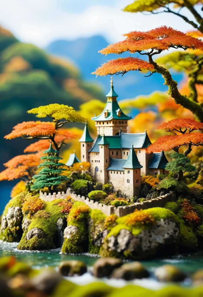 古い城There is浮島, Trees and moss, Miniature World, Tilt Shift Photo, cute. The island has an old castle and moss-covered trees々There is, creating a Miniature World. The photography has a tilt shift effect in the style of cute miniature scenes.autumn、autumn leaves