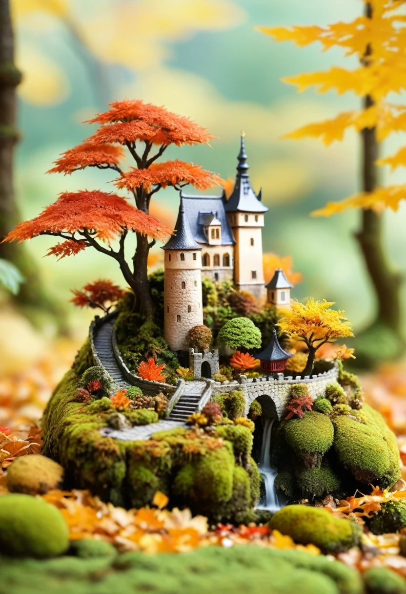 古い城There is浮島, Trees and moss, Miniature World, Tilt Shift Photo, cute. The island has an old castle and moss-covered trees々There is, creating a Miniature World. The photography has a tilt shift effect in the style of cute miniature scenes.autumn、autumn leaves