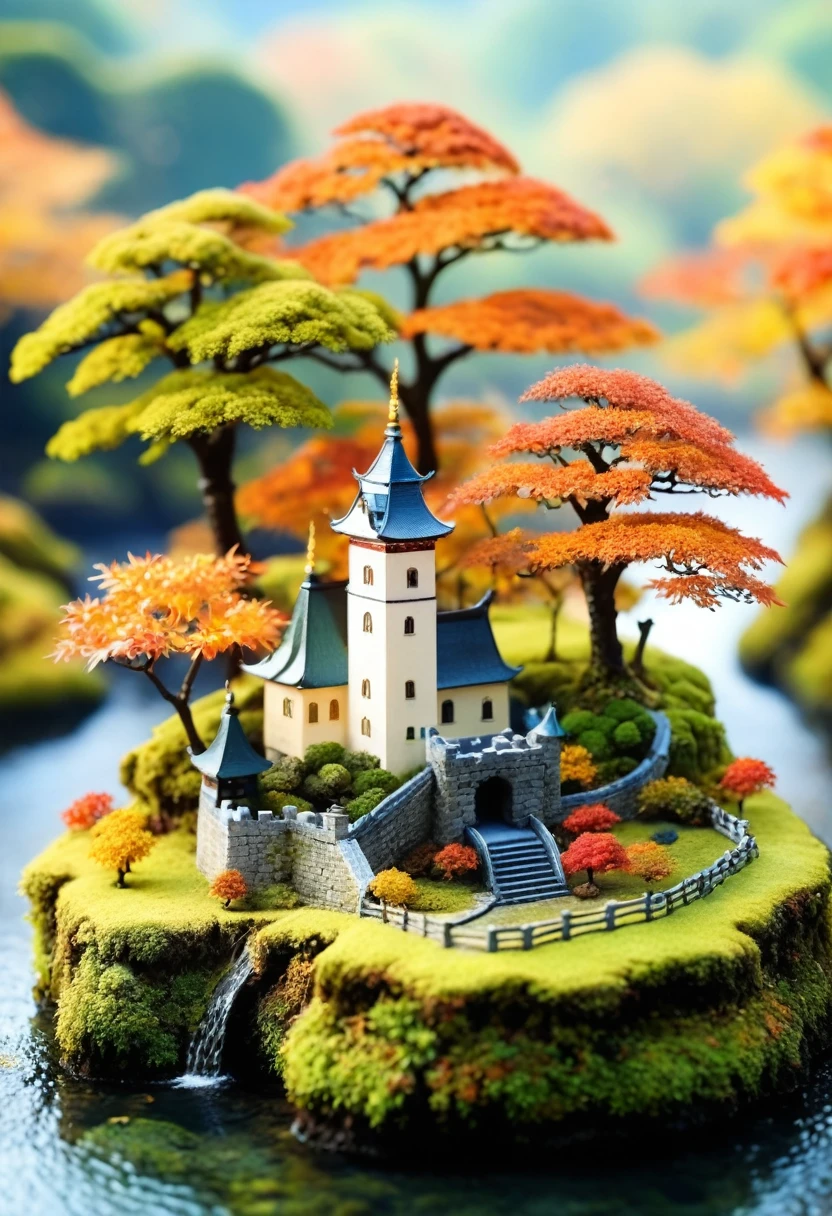古い城There is浮島, Trees and moss, Miniature World, Tilt Shift Photo, cute. The island has an old castle and moss-covered trees々There is, creating a Miniature World. The photography has a tilt shift effect in the style of cute miniature scenes.autumn、autumn leaves