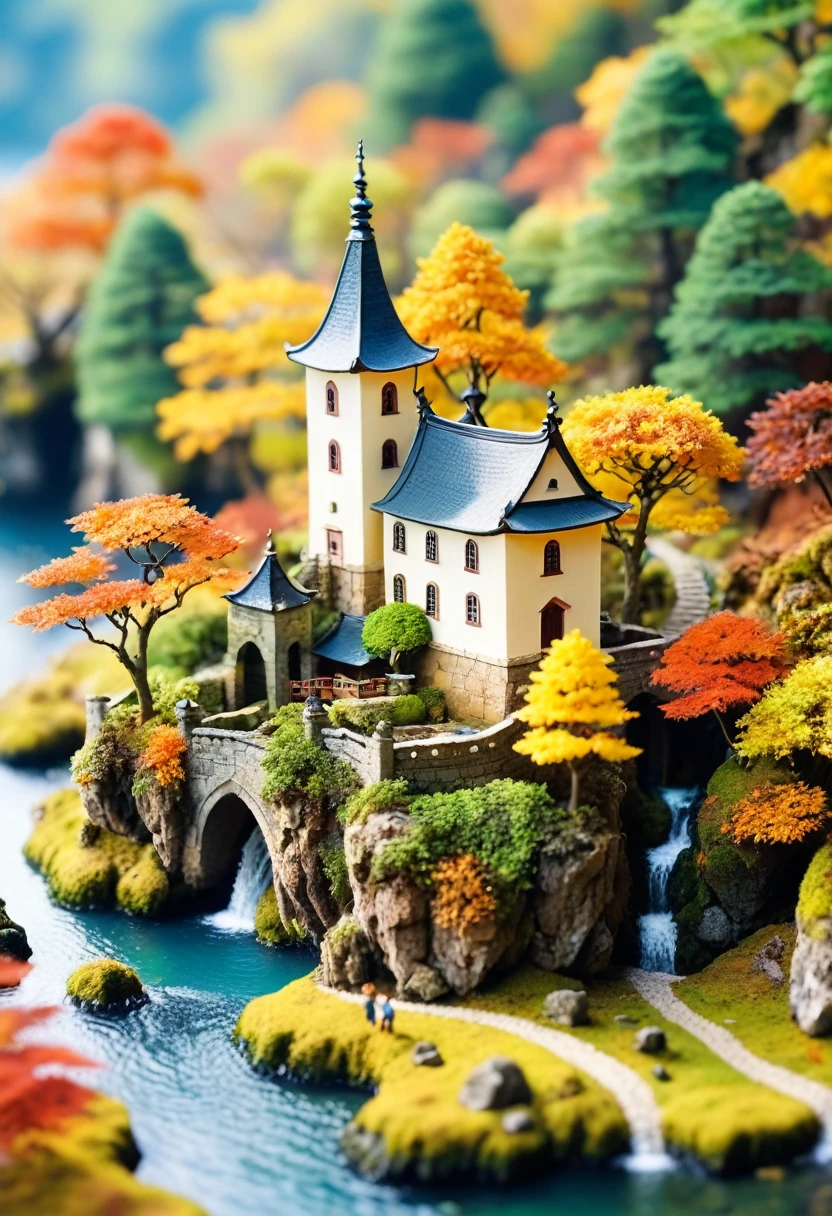 古い城There is浮島, Trees and moss, Miniature World, Tilt Shift Photo, cute. The island has an old castle and moss-covered trees々There is, creating a Miniature World. The photography has a tilt shift effect in the style of cute miniature scenes.autumn、autumn leaves