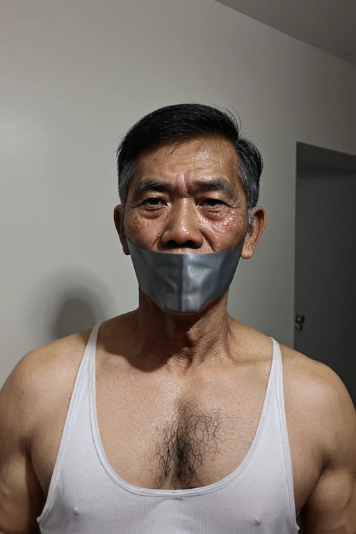 Old malay man , old malay men, tape gag , dark hair, short hair, hairy chest,armpit hair , hands up, white singlet