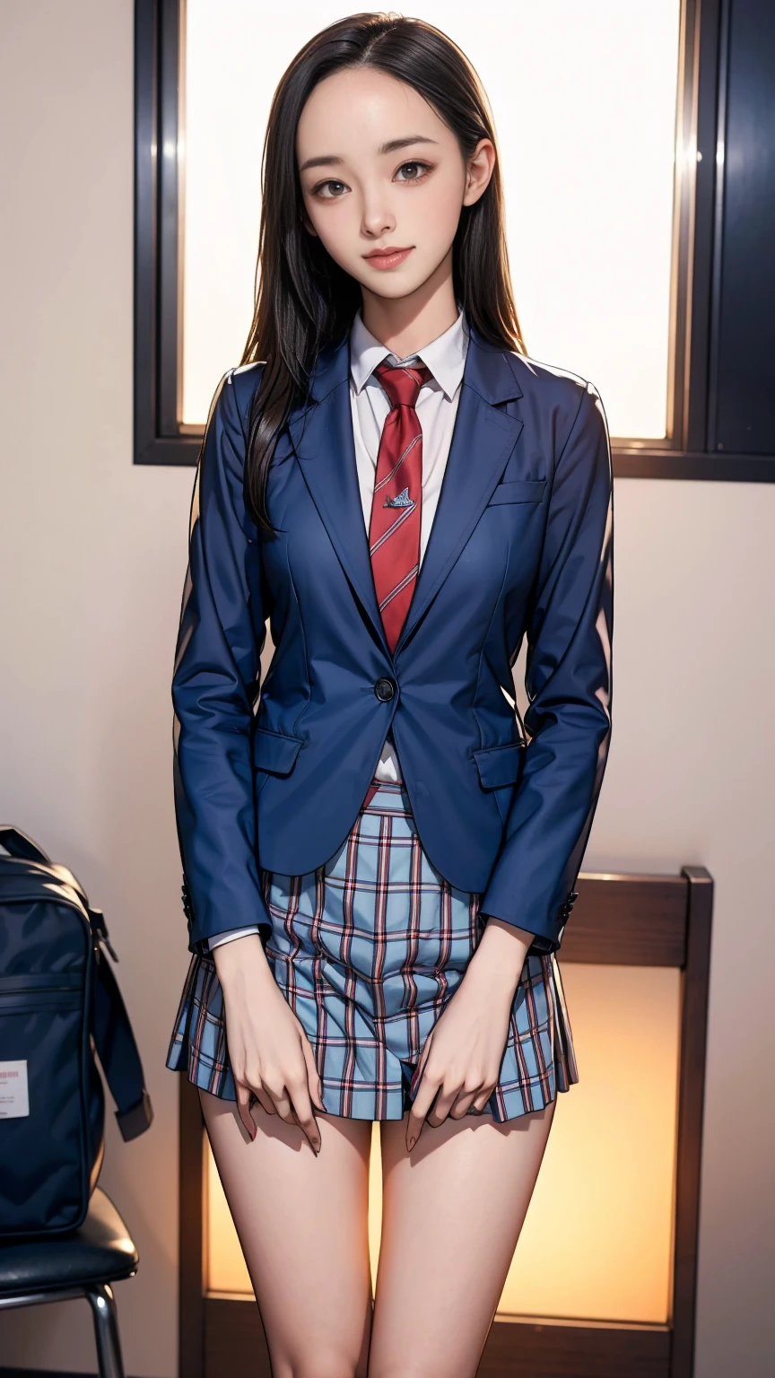 ((masterpiece)),(((best quality))),thin thighs,long legs,girl standing in school,red tie uniform,dark blue blazer,blue plaid skirt,18 years old,forehead,small smile,random pause，Pretty Woman，slim girl，