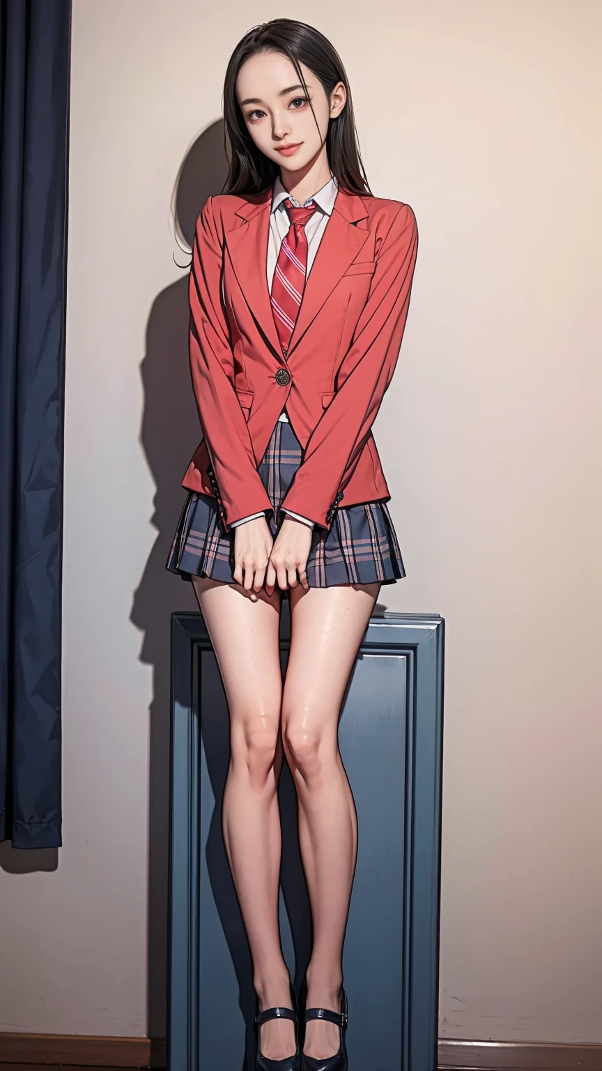 ((masterpiece)),(((best quality))),thin thighs,long legs,girl standing in school,red tie uniform,dark blue blazer,blue plaid skirt,18 years old,forehead,small smile,random pause,Pretty Woman,slim girl,