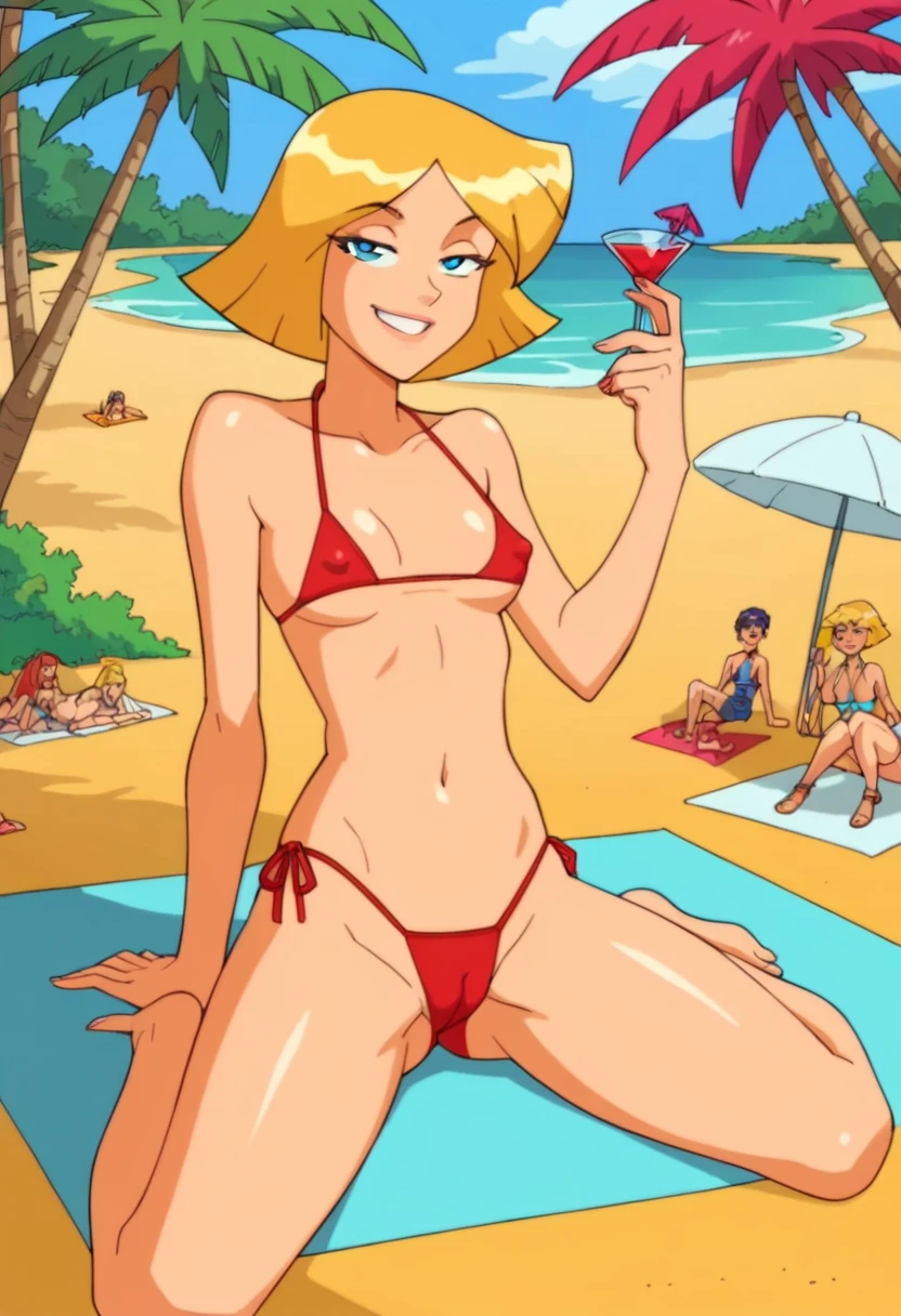 score_9, score_8_up, score_7_up,
1girl, clover ts, blonde hair, medium hair, blue eyes, swept bangs, skinny,
looking at viewer, narrowed eyes, smile, smug, red micro bikini, covered nipples, cameltoe, on beach, ocean, sand, palms, posing,