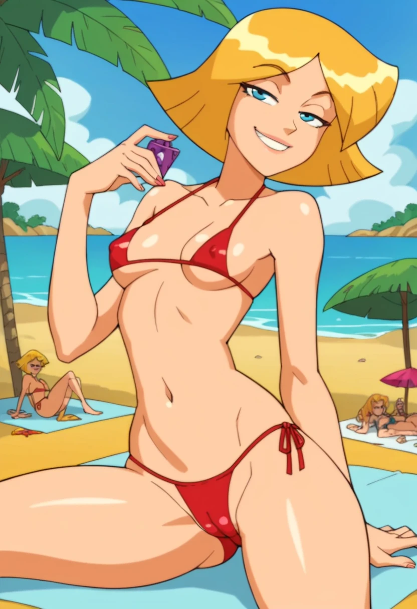 score_9, score_8_up, score_7_up, 
1girl, clover ts, blonde hair, medium hair, blue eyes, swept bangs, skinny, 

looking at viewer, narrowed eyes, smile, smug, red micro bikini, covered nipples, cameltoe, on beach, ocean, sand, palms, posing,