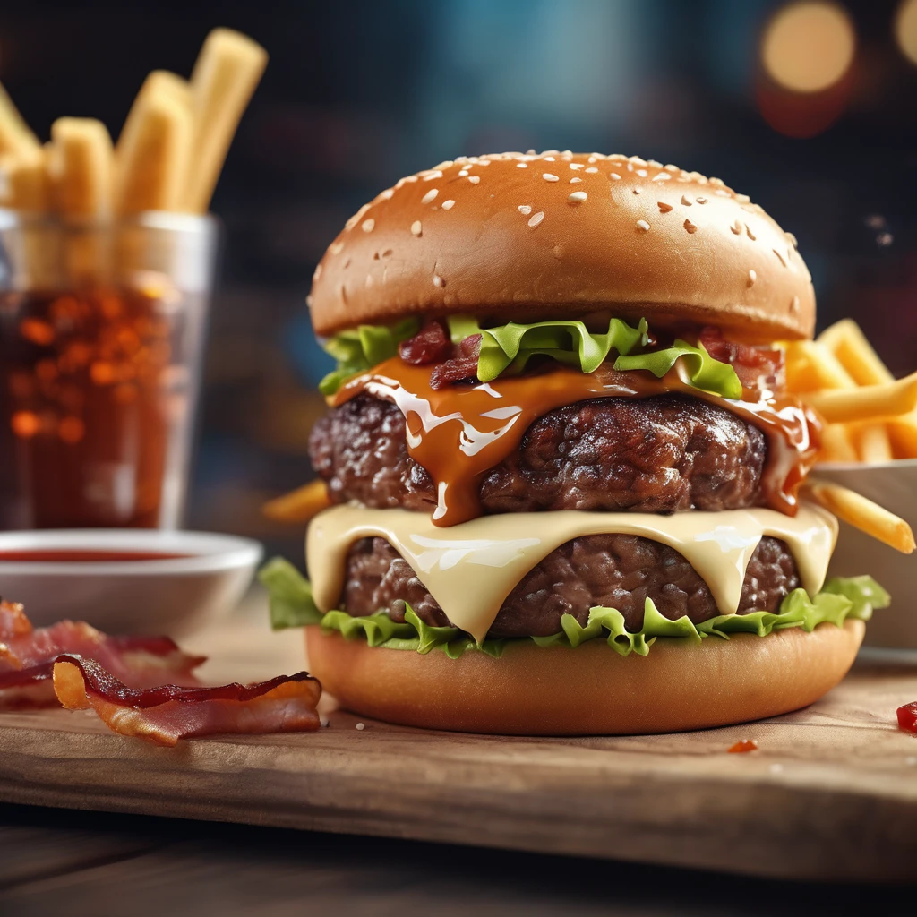 ((Gourmet Burger)), ((Ultra-Realistic Rendering)), ((Juicy pate)), ((Carefully crafted toppings)), ((Sesame bread)), ((Melting cheese)), ((Chris Pletas)), ((Sizzling bacon)), ((Add the sauce)), ((Angled close-up image)), ((Culinary masterpieces)), ((Vibrant colors)), ((Appetizing presentation)), ((Artistic plating)), ((Soft natural light)), ((Bokeh Background)), ((Flavorful atmosphere)), ((Gastronomic Delights)), ((Focus distance 85mm)), ((Sony A7R IV)), ((wide aperture)), ((Definition of 8k)), ((Inspired by food art)), ((Emotionally engaging)), ((Culinary Innovation)) A fast food hamburger set that also comes with a cola and fries