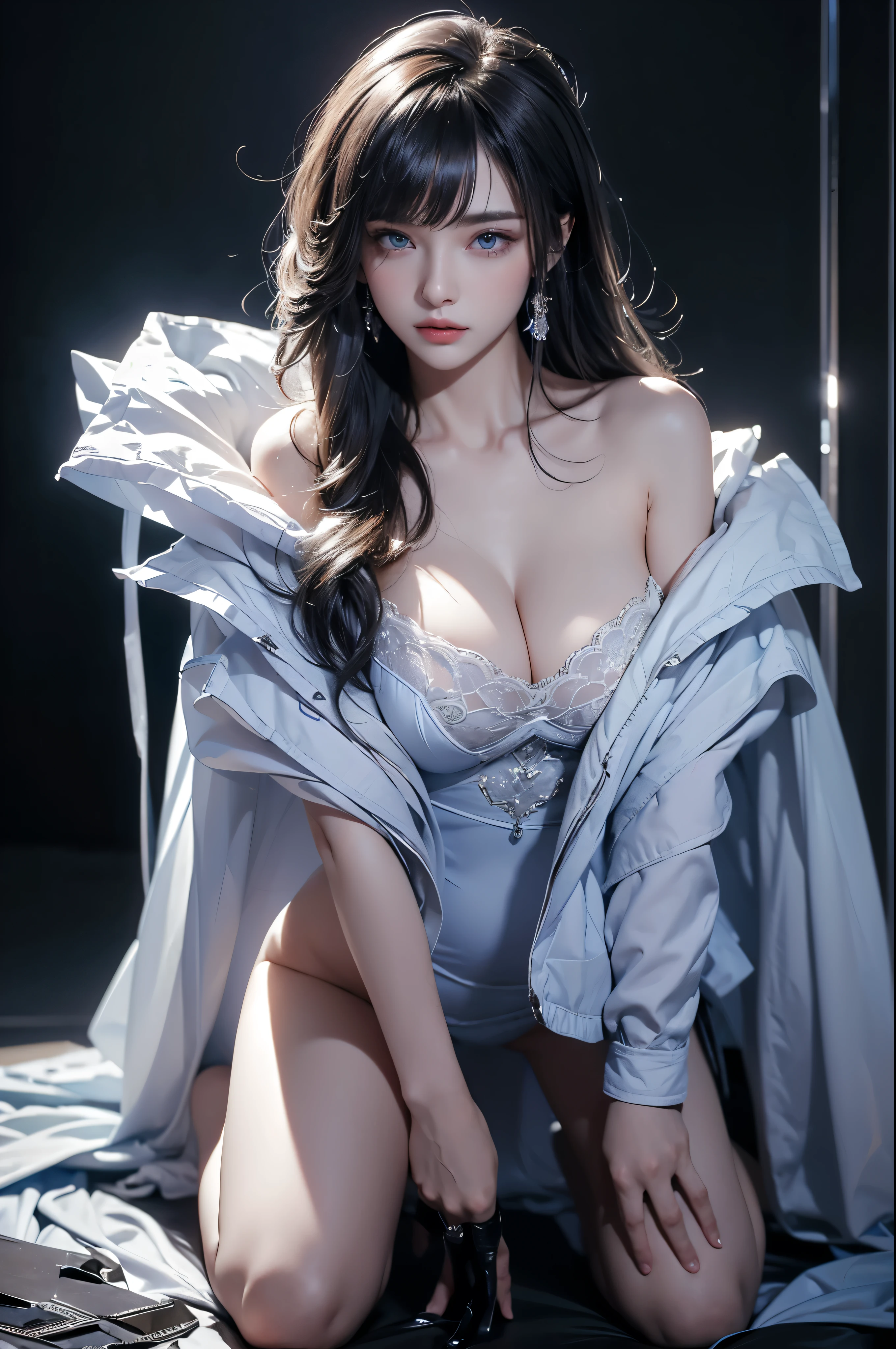 masterpiece, Highest quality, Very detailed, To the camera, 複雑に詳細なVery detailed, Realistic, Sharp features, Very detailed, Sharp focus, Perfect Face, Perfect Face, Perfect symmetry and perfect eyes, Perfect Plump Lips, Flexible female form, Cinematic, Film Light, Very detailed, hyper Realistic, masterpiece, Atmospheric, High resolution, Vibrant, Dynamic Studio Lighting, ((Dark Background)), The expression when enduring pleasure, Straight bangs, blue eyes,Kneeling with hands on crotch、Butt、Sexually aroused expressions、No clothes、NSFW,((top quality、8k、masterpiece:1.3))Wears a silver-white mech，girl with delicate face，Highest image quality，Ultra-clear，Delicate and clear facial features，end of the world，Mechanical arm，Exquisitely detailed mechanical pattern,Cyberpunk characters、numbercity、number、century、throne、Completely naked