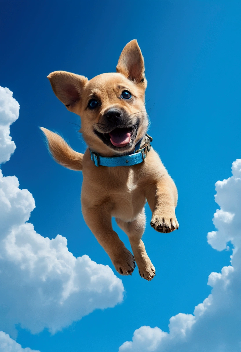 (Flying Puppy), sky, in Vibrant Void with sky blue, juxtaposing vibrant with a sense of emptiness, full body, award-winning, cinematic still, emotional, vignette, dynamic, vivid, (masterpiece, best quality, Professional, perfect composition, very aesthetic, absurdres, ultra-detailed, intricate details:1.3)