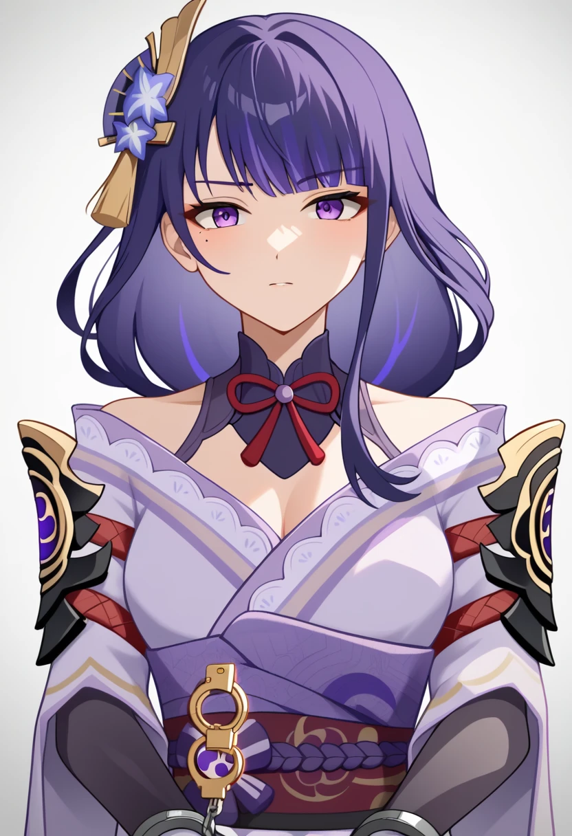 score_9,score_8_up,score_7_up,1girl,raiden_shogun_ckxl,solo,black_hair,long_hair,streaked_hair,two-tone_hair,sidelocks,hair_ornament,absurdres,highres,;\),blunt_bangs,bridal_gauntlets,commentary,long_sleeves,looking_at_viewer,low_ponytail,mitsudomoe_\(shape\),obiage,one_eye_closed,,short_kimono,shoulder_armor,simple_background,white_background,wide_sleeves,extremely detailed,high definition restrained,police,arrest,restrained,shackles,(((handcuffs, cuffs, upper body, handcuff, bound wrists))),masterpiece, best quality,raiden shogun handcuffs behind her back,2 policewoman.escort in handcuffed.handcuffed behind back.raiden shogun handcuffed,raiden shogun handcuffed .arrested.policewonan.handcuffs.have 2 police escorting handcuffs raiden shogun