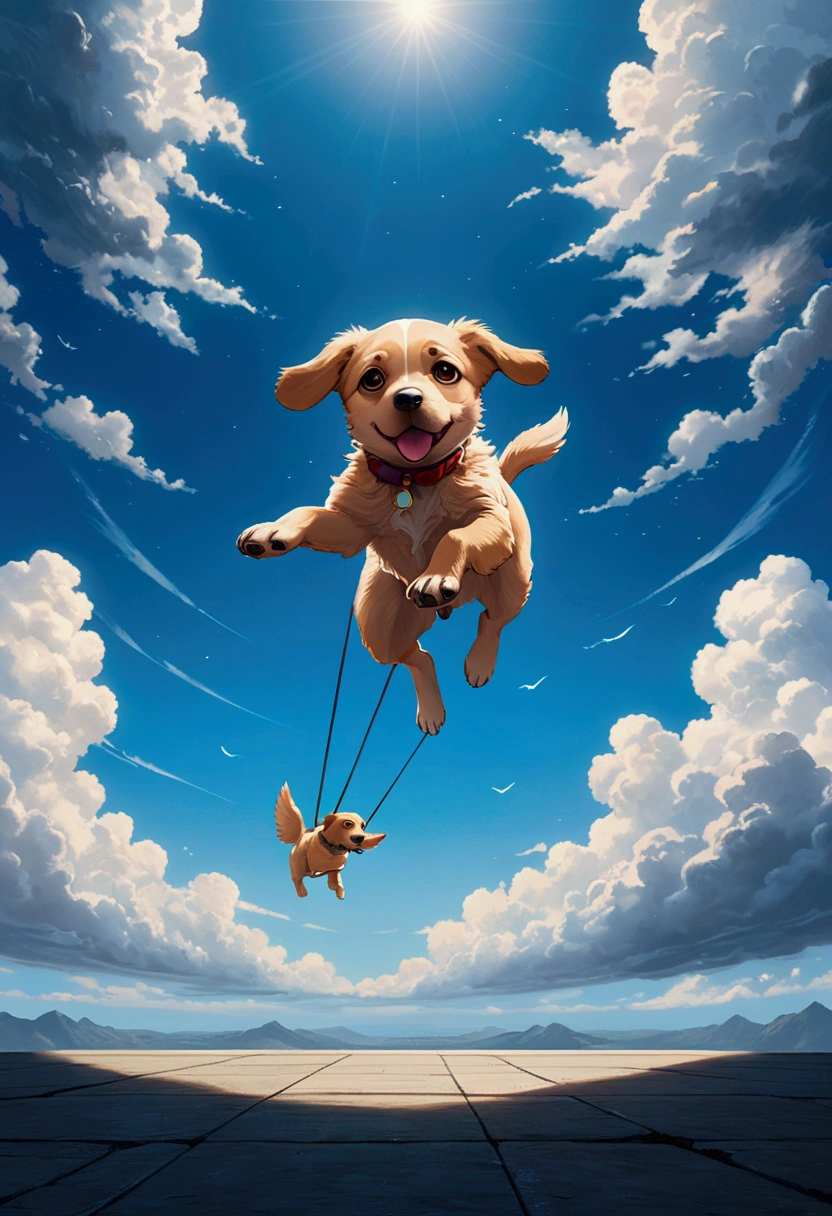(Flying Puppy), sky, in Folk Art style, featuring (sky blue and sun yellow) traditional motifs, full body, award-winning, cinematic still, emotional, vignette, dynamic, vivid, (masterpiece, best quality, Professional, perfect composition, very aesthetic, absurdres, ultra-detailed, intricate details:1.3)​