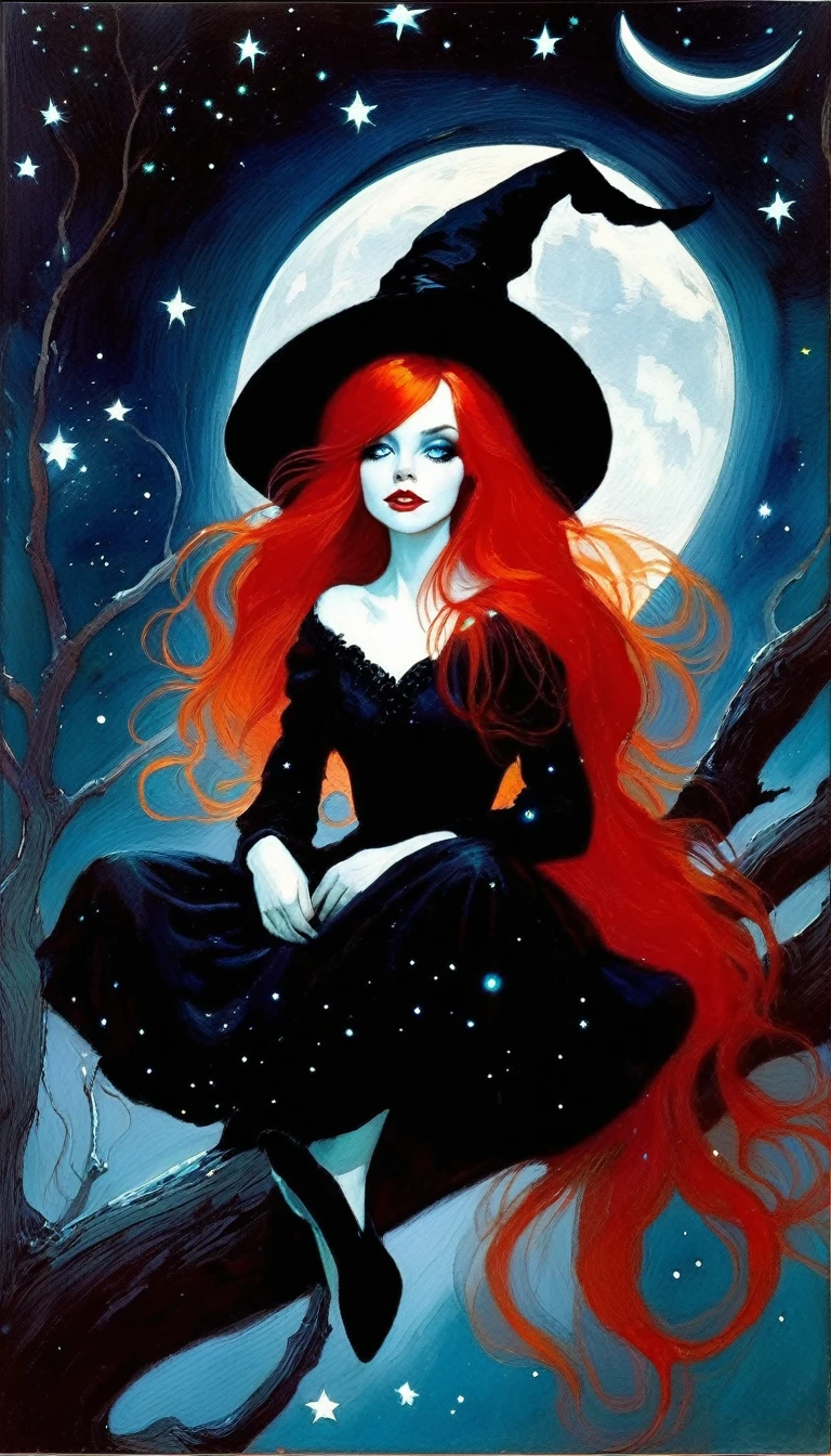((🧙♀️)), (black hat), {witch sitting on a high tree branch}, very long red hair, sexy, , ((from below)), magic, fantastic, night sky, moon , stars, background, Alice in Wonderland, alone, very beautiful, cute, adorable, embarrassed, alone, Glowify (simple oil painting in the style of Bill Sienkiewicz)