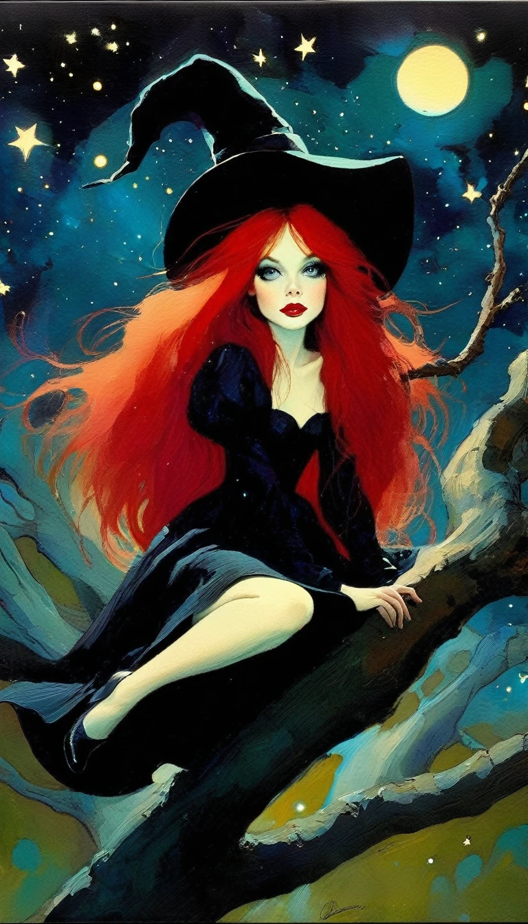 ((🧙‍♀️)), (black hat), {witch sitting on a high tree branch}, very long red hair, sexy, , ((from below)), magic, fantastic, night sky, moon , stars, background, Alice in Wonderland, alone, very beautiful, cute, adorable, embarrassed, alone, Glowify (simple oil painting in the style of Bill Sienkiewicz)