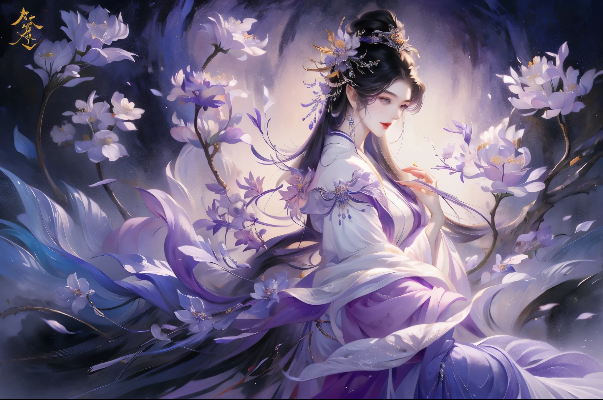 Unparalleled beauty,masterpiece,a woman,Wearing purple and black clothes,Shadowbringer,4K detail fantasy,beautiful fantasy queen,Game CG,xianxia fantasy,xianxia hero,2。5D CGI anime fantasy artwork,Close-up of the goddess,Ruan Jia and artgerm,World of Warcraft 4K detail fantasy,Super detailed fantasy characters