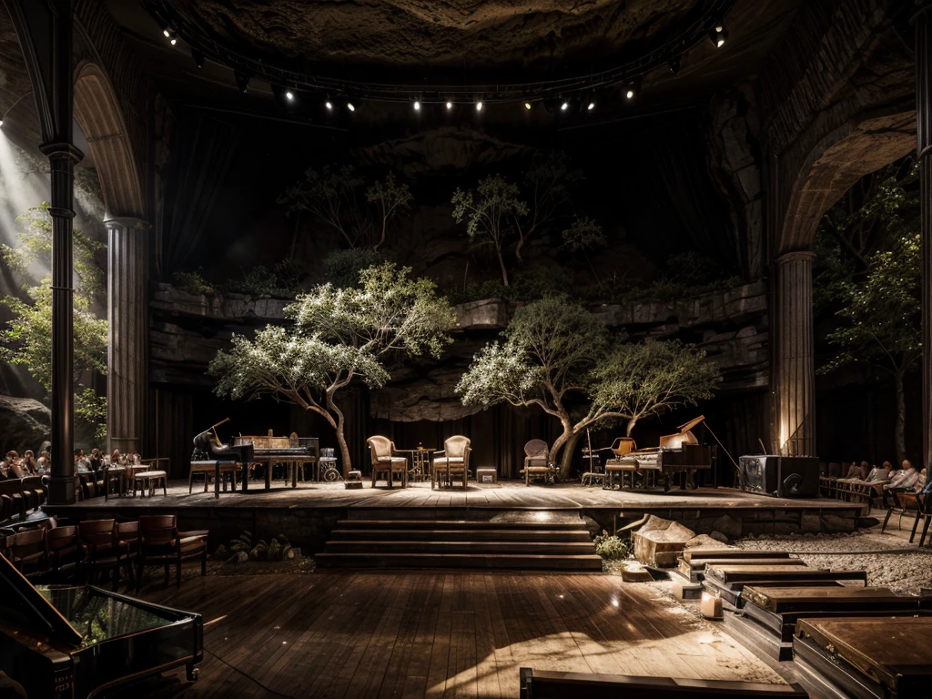 cafe restaurant, a music stage in a cave, big stage, tone white, spotlights, natural lighting, musical equipment, guitars, pianos, drum sets, trumpets, realistic, surreal,
Wide space, trees around, glass windown big, Realistic,Photorealism