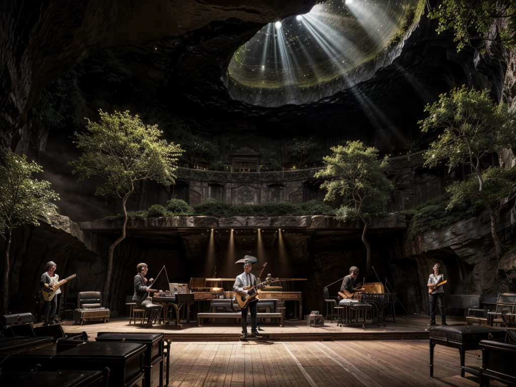 
cafe restaurant, a music stage in a cave, big stage, tone white, spotlights, natural lighting, musical equipment, guitars, pianos, drum sets, trumpets, realistic, surreal,
Wide space, trees around, glass windown big, Realistic,Photorealism